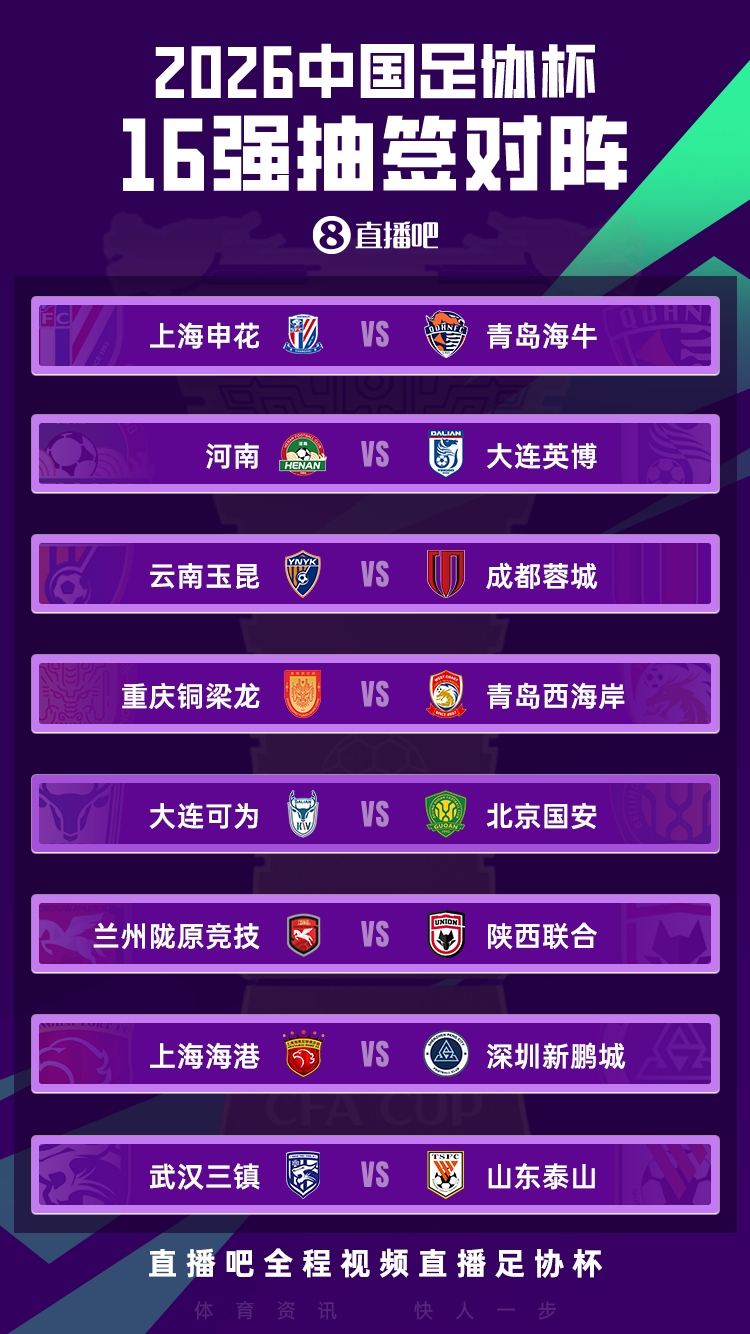 足协杯70周年16强对阵出炉:山东泰山遭遇武汉三镇,西北德比上演