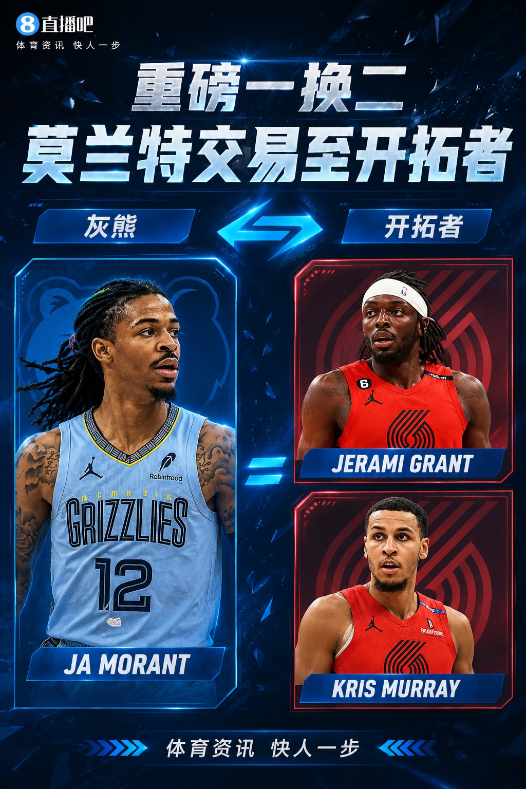Shams爆:灰熊送莫兰特至开拓者 换格兰特+穆雷 Shams爆:灰熊送莫兰特至开拓者 换格兰特+穆雷